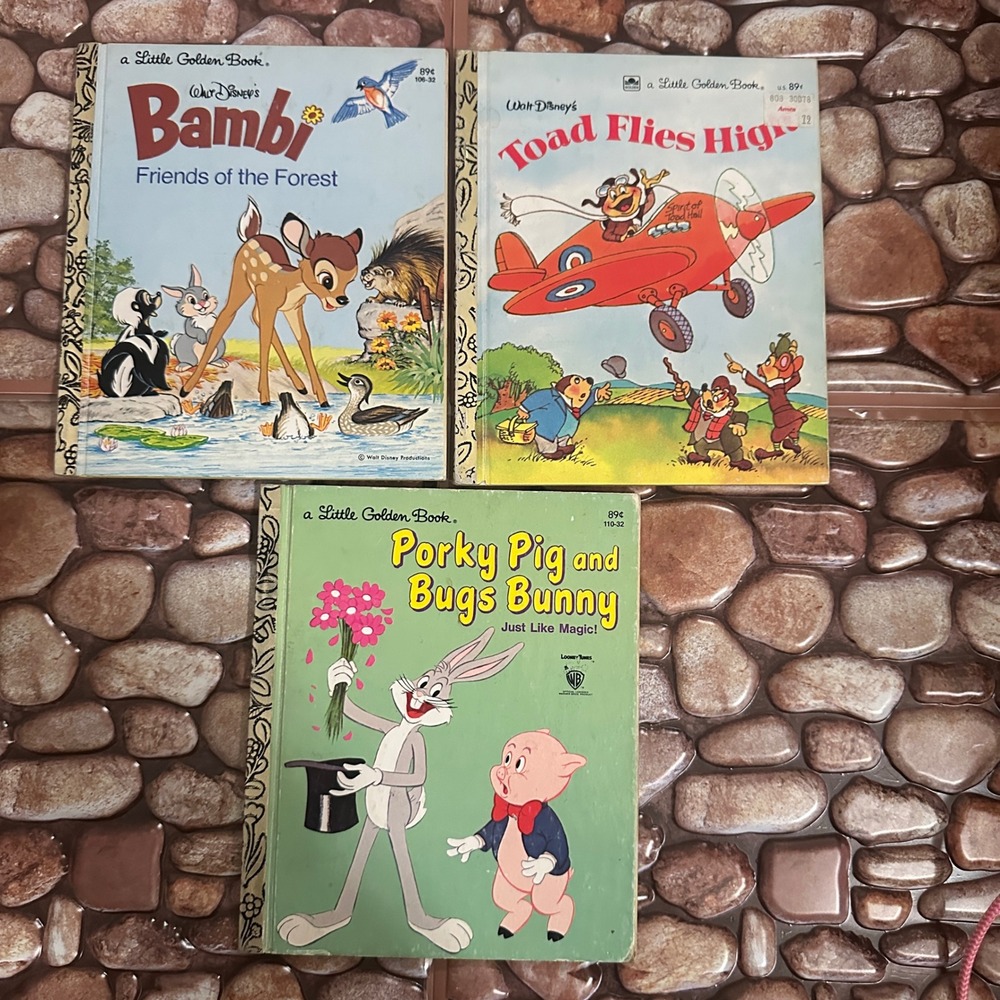 Vintage Little Golden Book Lot Bambi Toad Flies High Porky Pig Bugs Bunny 3pc